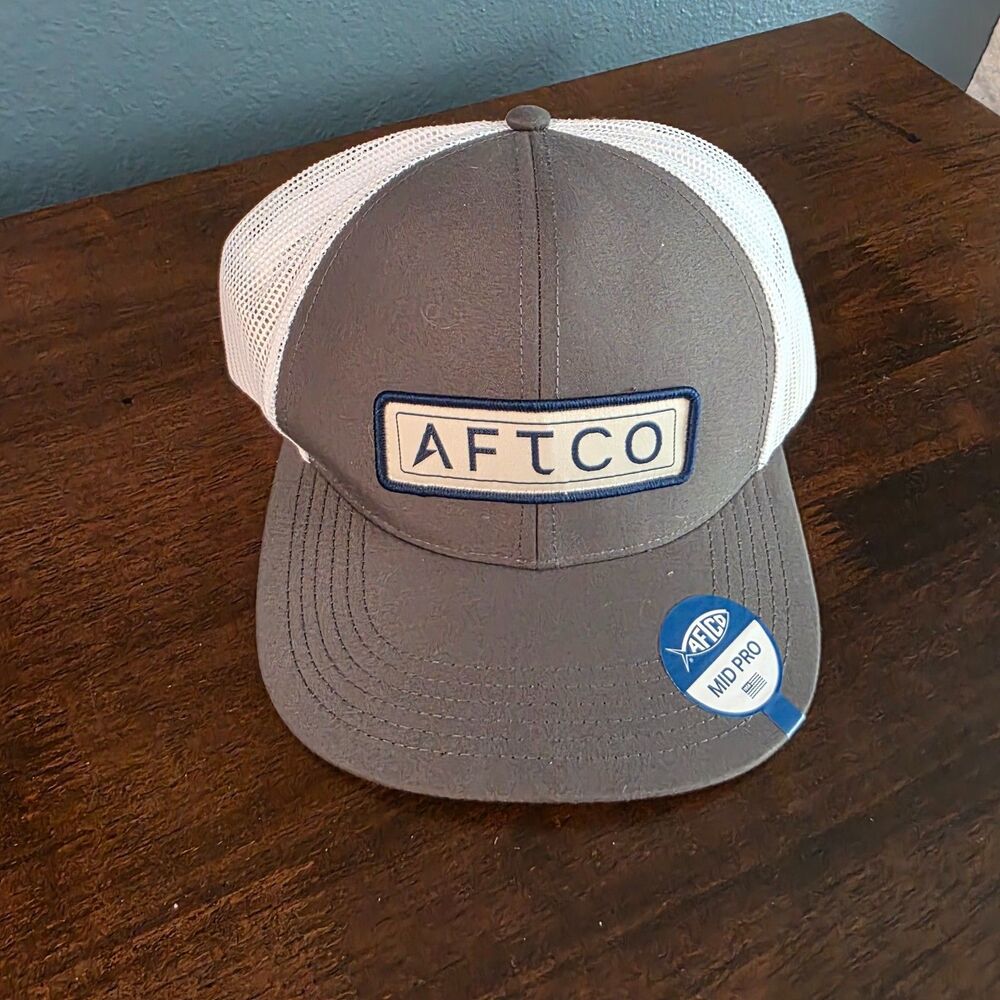AFTCO Trucker Hat Gray Blue OS Snapback Mesh Back Adjustable Nylon Fishing Hat